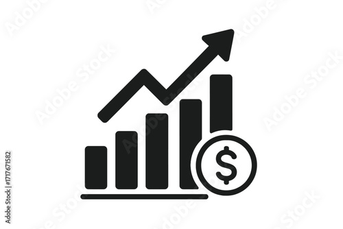 Financial growth chart vector icon. Business success graph with upward arrow and dollar coin. Concept of profit increase, investment return, market analysis, and revenue growth.
