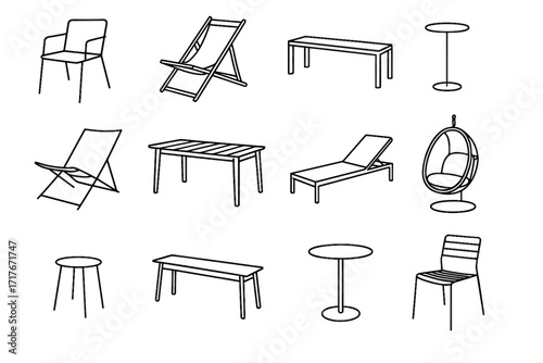 Icon table icons chair modern bench hanging furniture outdoor slim vector dining