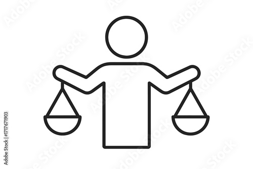 Person holding balancing scales of justice, thin line icon. Symbol of fairness, equity, law, and legal integrity. Concept of choice, comparison, weight, and democracy.