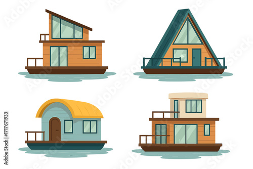 Set of floating houses. Houseboat collection with different architectural designs. Modern and traditional tiny home on water. River or lake cottage, cabin vector illustration pack.