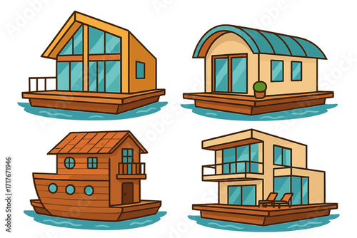 Floating homes vector set. Houseboat collection cartoon illustration. Diverse architectural styles of houses on water. Modern real estate concept. Living on a river or lake.