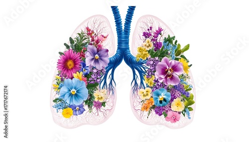  An abstract illustration of a pair of lungs filled with colorful flowers and plants, symbolizing the idea of breathing in nature and the importance of clean oxygen for health and vitalit