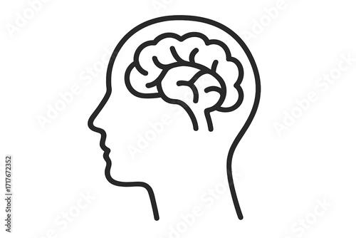 Human head profile with brain line icon. Symbol for psychology, mental health, neurology, cognition, intelligence, memory, idea, knowledge. Vector mind silhouette concept.