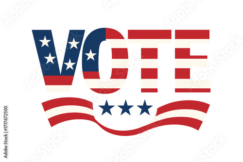 Vote typography for USA presidential election. Patriotic American flag design with stars and stripes. Political democracy concept banner. Government campaign vector element.