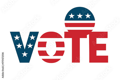 Vote typography with USA flag elements for the American presidential election. Patriotic vector art for politics, democracy, and civic duty. United States stars and stripes banner.