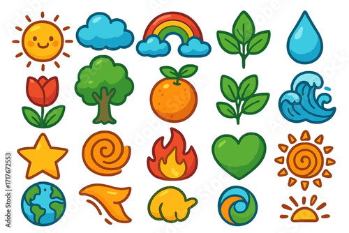 Cute cartoon nature icon set. Environment, weather, and four elements symbols. Vector collection for kids. Earth, water, fire, air, sun, tree, leaf, flower, planet illustration.