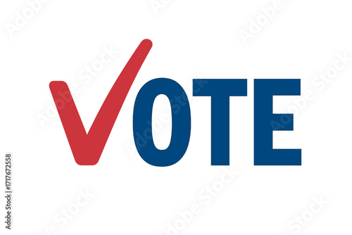 USA 2026 midterm election vector. Vote text with checkmark symbol. American patriotic campaign design in red and blue. Democracy, ballot choice, and political participation.