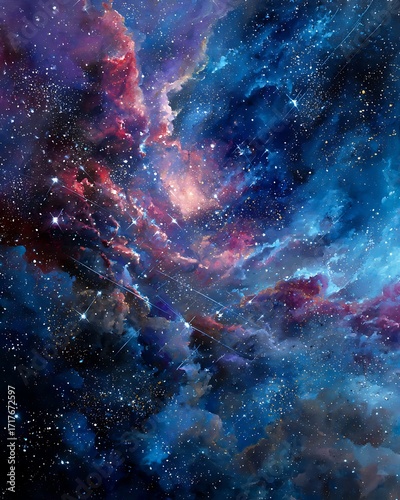 A vibrant, colorful depiction of a vast expanse of space, filled with nebulae and scattered stars, showcasing a dynamic and awe-inspiring cosmic scene.