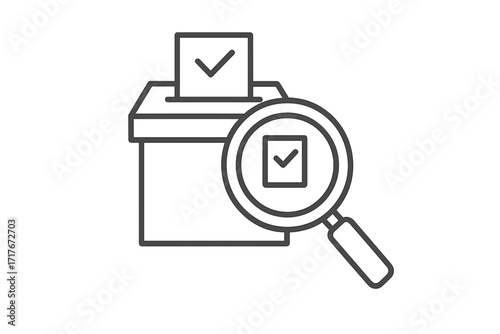 Electoral transparency and vote verification concept. Magnifying glass inspecting a ballot box. Thin line icon for election integrity, poll scrutiny, and a fair democratic process.