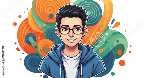 Young smiling man with glasses and blue hoodie, vibrant abstract background, modern digital art style, perfect for tech startups and creative projects