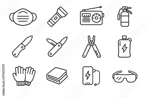 Vector whistle multitool icons pouch mask survival emergency icon water keychain bank
