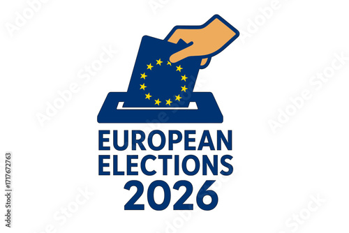 European Elections 2026 vector illustration. Hand putting a ballot with EU flag stars into a ballot box. Political concept for democracy, voting, and civic duty in Europe.