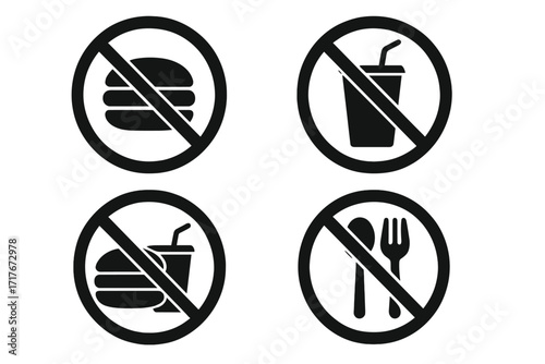 No food and drink vector icon set. Warning signs for prohibited eating and drinking. Forbidden symbol collection for fast food, burger, soda. Stop eating and drinking pictogram.