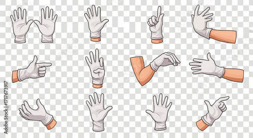 Collection of cartoon hands wearing white medical gloves showing various gestures for healthcare, hygiene, or cleaning services