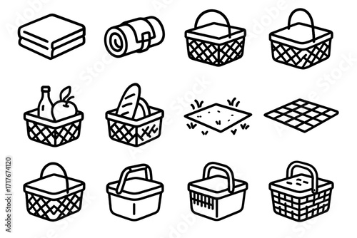 Blanket strap picnic vector set fruit basket icon grip bread fringe patterned