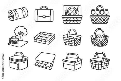 Picnic frame clip snacks icon blanket wine open basket set vector folded