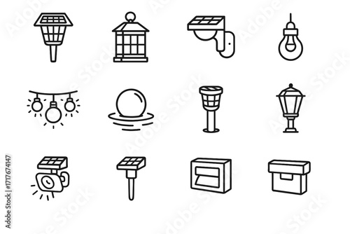 Decorative path solar vector lights bollard garden lantern lamp icon deck bulb