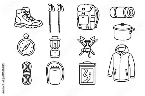 Adjustable icon icons gear lantern hiking compass cooking jacket rolled vector case