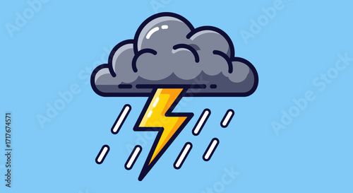 Dramatic storm cloud unleashes vibrant lightning bolt and heavy rain against a clear blue sky creating a powerful atmospheric scene.