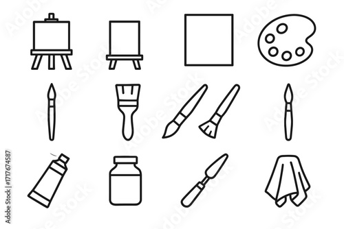 Icon brush solvent art tools icons tabletop wide vector paint canvas easel