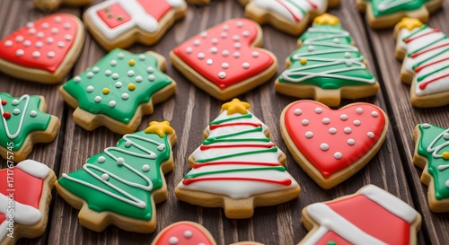 Festively decorated Christmas cookies in shapes of trees, hearts, and stockings, featuring colorful icing and sprinkles, arranged on a wooden table, perfect for holiday celebrations and gatherings.

