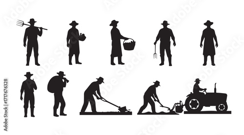 Collection of farmer silhouettes engaged in various agricultural activities