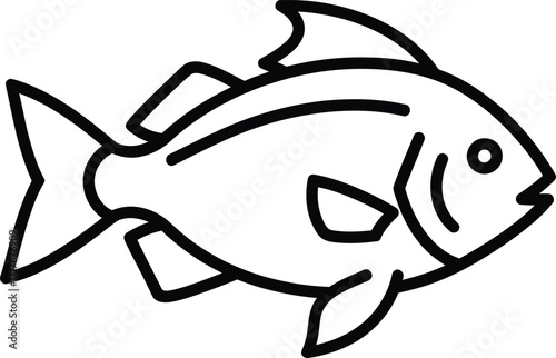 Black and white line art illustration of a fish swimming, depicting its body, fins, and tail.