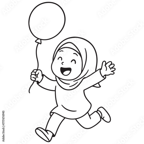 A joyful black and white line art drawing of a Muslim girl in a hijab, running and happily holding a balloon.
