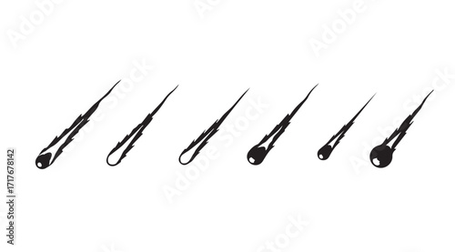 Six falling comets streaking across a white background silhouette