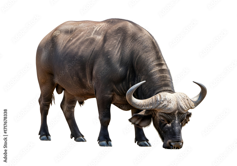 Obraz premium Powerful African buffalo in profile, against a stark black backdrop, displaying muscular form and distinctive horns.