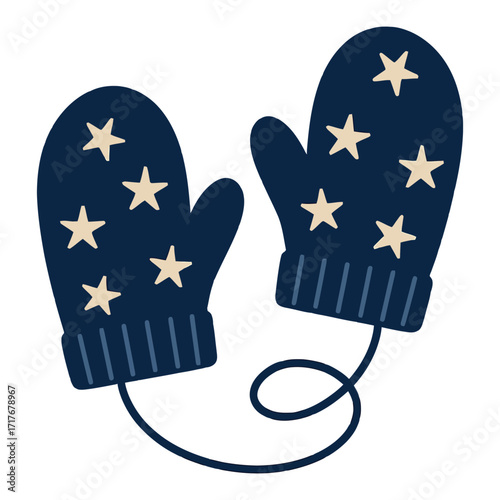 A pair of mittens with stars on them. The stars are scattered all over the mittens, giving them a festive and cozy appearance. Vector.