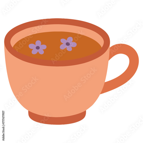 A cup with flowers in it. The cup is orange and has a handle. The flowers are purple and are floating in the cup. Vector.