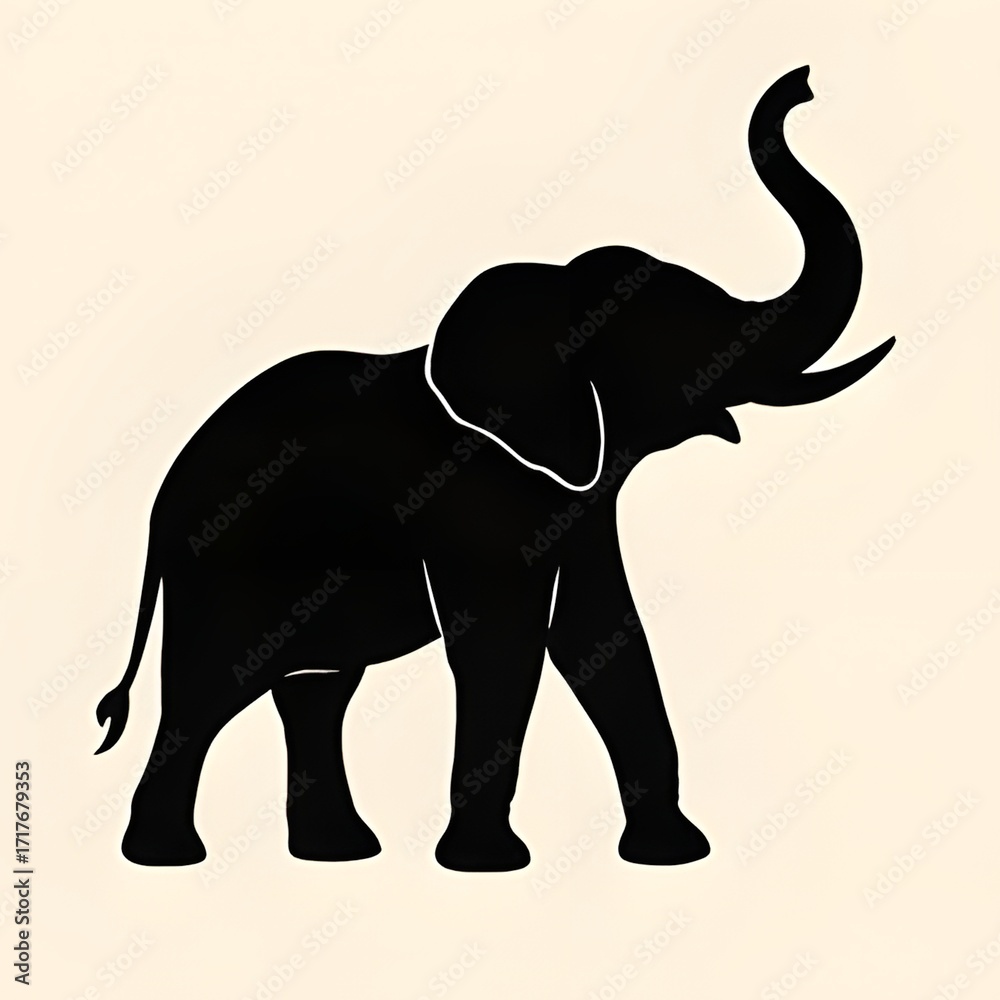 Obraz premium Black elephant silhouette standing alone on beige background with raised trunk