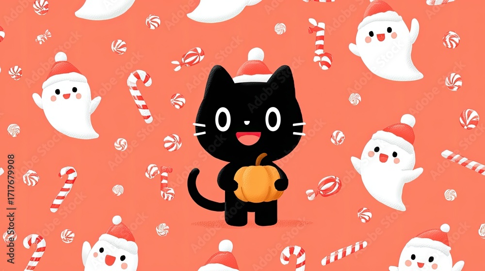 Obraz premium Playful Black Cat with Pumpkin Surrounded by Ghosts and Candies