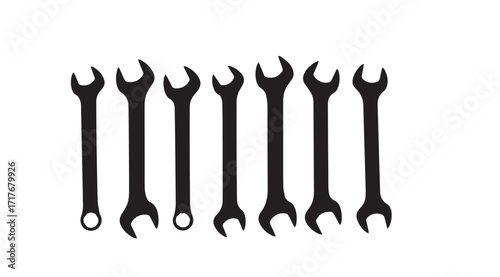 Collection of black silhouette combination wrenches on a white background silhouette