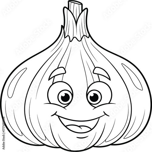 Happy Cartoon Garlic Clove - Black and White Vector Outline for Kids Coloring, Food Illustrations, and Recipe Designs