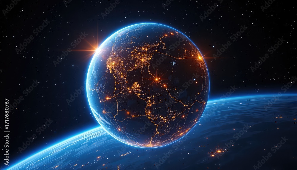 Fototapeta premium Distant planet with glowing surface detail viewed from orbit with starry background and other planetary body in view