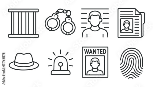 Crime concepts illustration with mugshot, handcuffs, fingerprint, and wanted poster