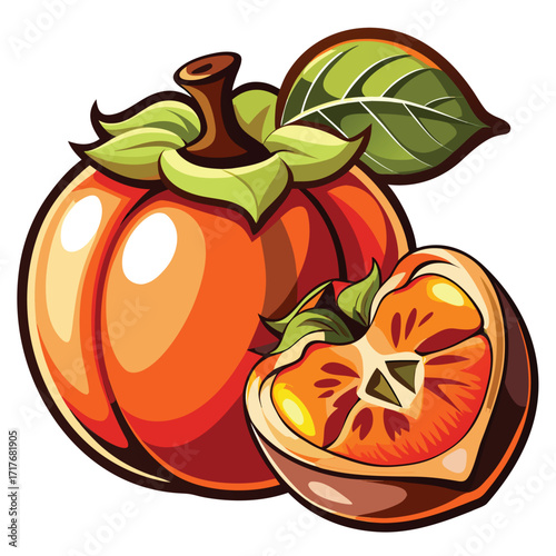 Vibrant illustration of a whole and halved persimmon, showcasing its rich orange color and juicy texture.