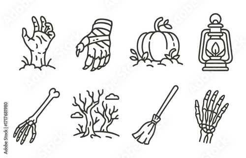 Halloween icons: zombie hand, wrapped hand, pumpkin, lantern, bone, trees, broom, skeleton hand