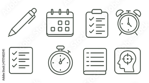 Icons of productivity: planner, checklist, calendar, timer, and alarm illustrations on green