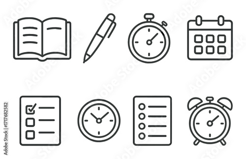Minimalist office icons: book, pen, stopwatch, calendar, checklist, clock, alarm