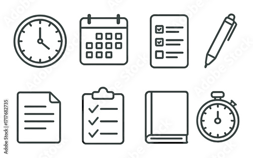 Time management icons featuring clock calendar checklist pen paper clipboard book stopwatch