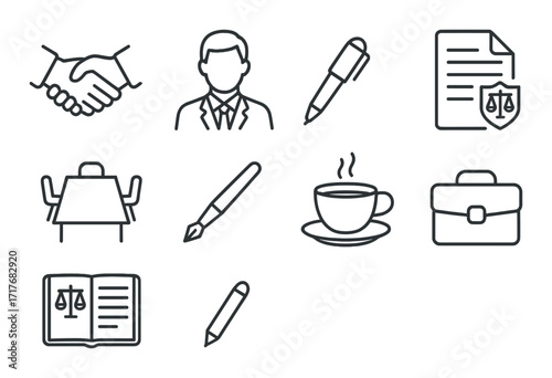 Legal icons depicting businessman, pen, coffee, and justice symbols on dark background