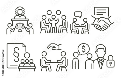 Illustration of legal and business concepts including meeting, agreement, and consultation