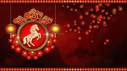 Elegant Chinese New Year 2026 background with zodiac horse symbol, red lanterns, plum blossom flowers, and traditional decorative elements. 3d Rendering