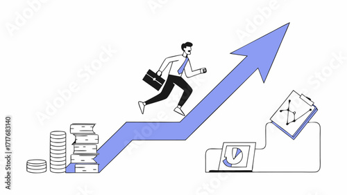 Businessman stepping up on stairway build on a rising arrow. Growth business finance investment success concept.