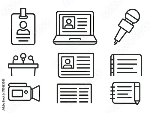 Media tools and identification icons set with microphone, laptop, notebook, and camera