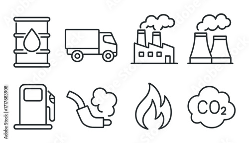 Industrial icons: oil, factory, truck, and environmental impact with co2 emissions