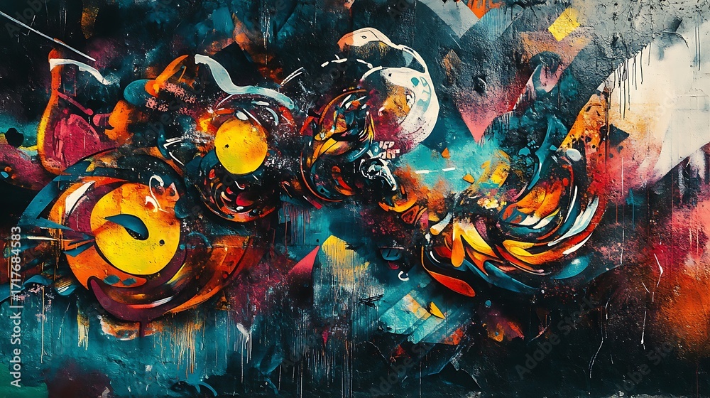 Fototapeta premium Creative graffiti mural background with artistic sofa high resolution picture